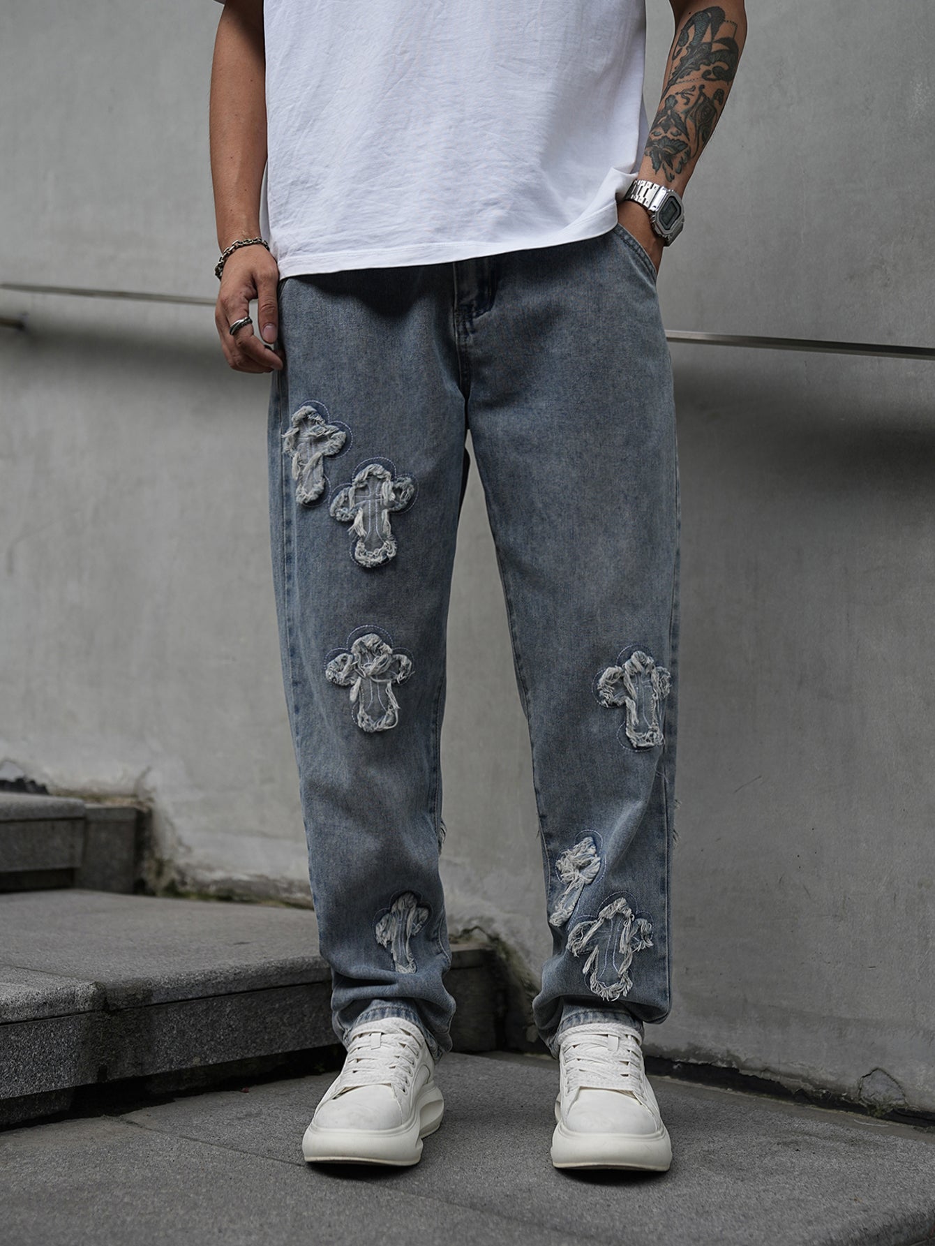 Crucifix Embroidered Jeans