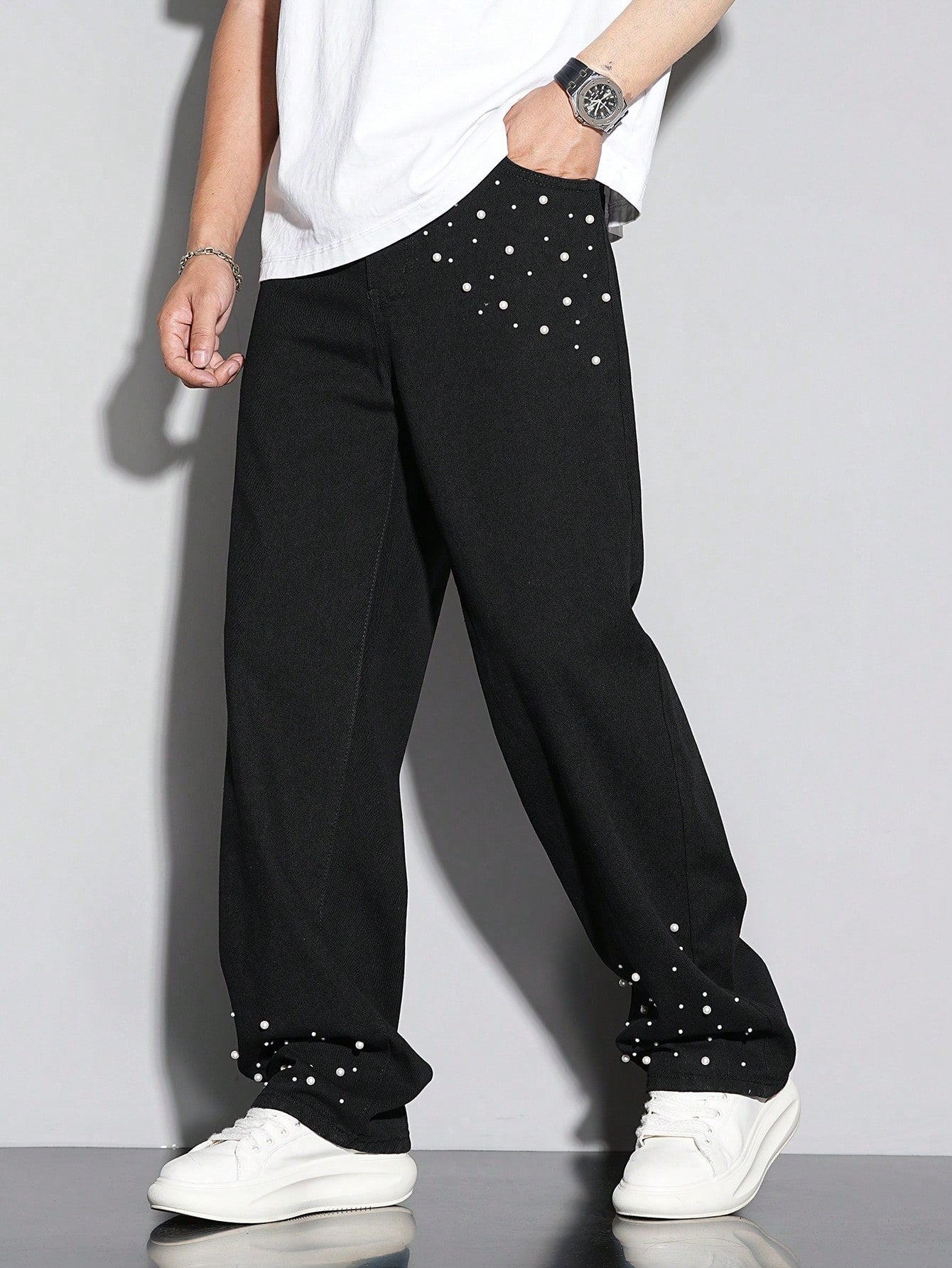 Pearl-Studded Black Denim
