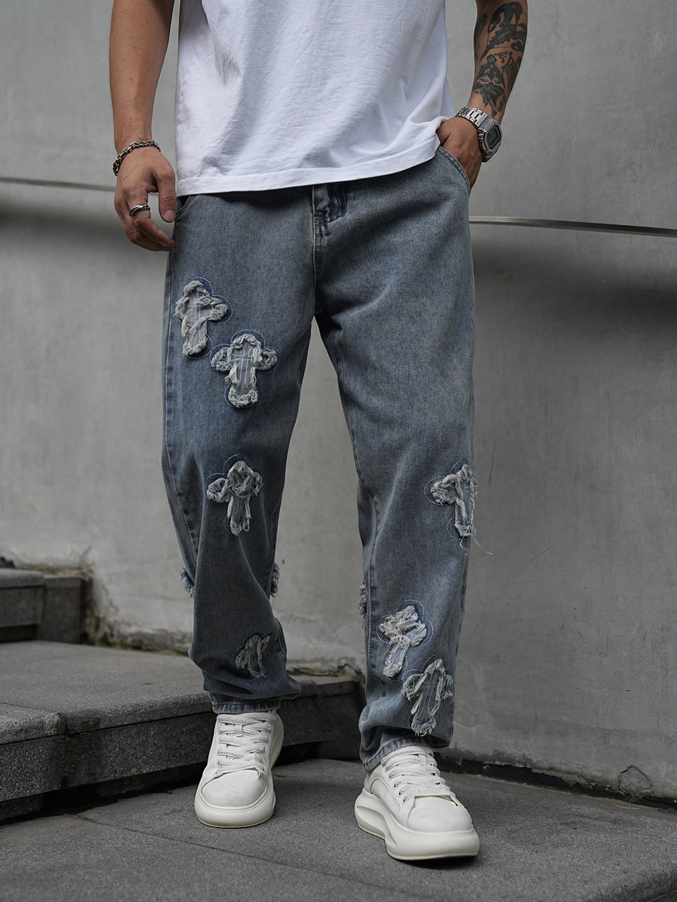 Crucifix Embroidered Jeans