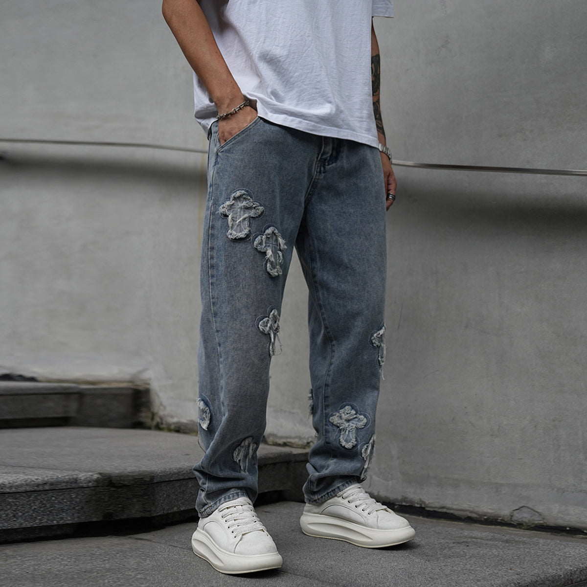 Crucifix Embroidered Jeans