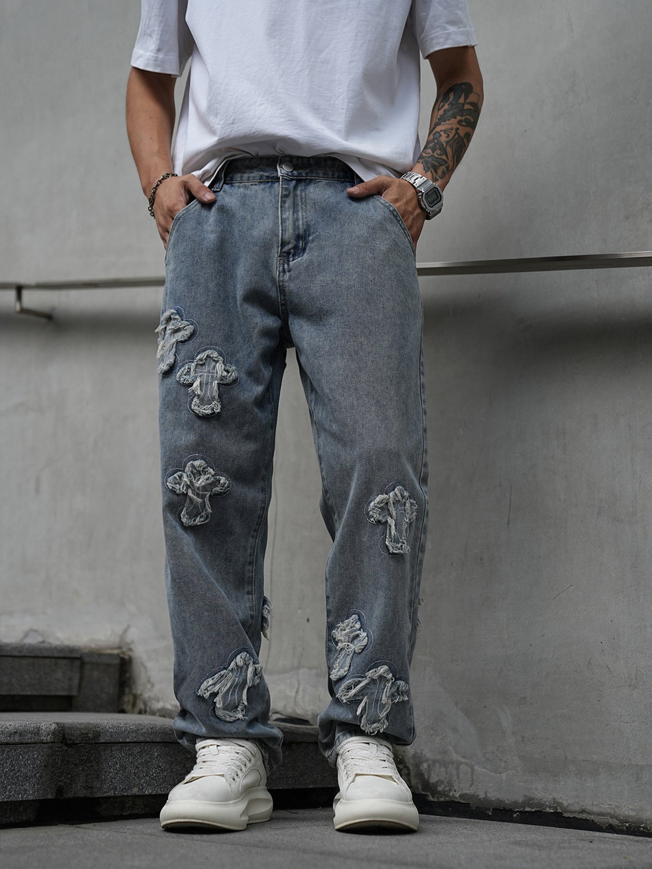Crucifix Embroidered Jeans