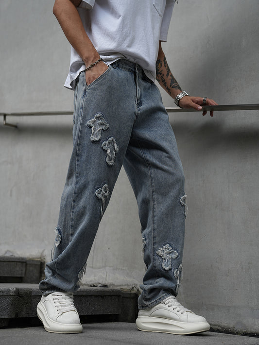 Crucifix Embroidered Jeans