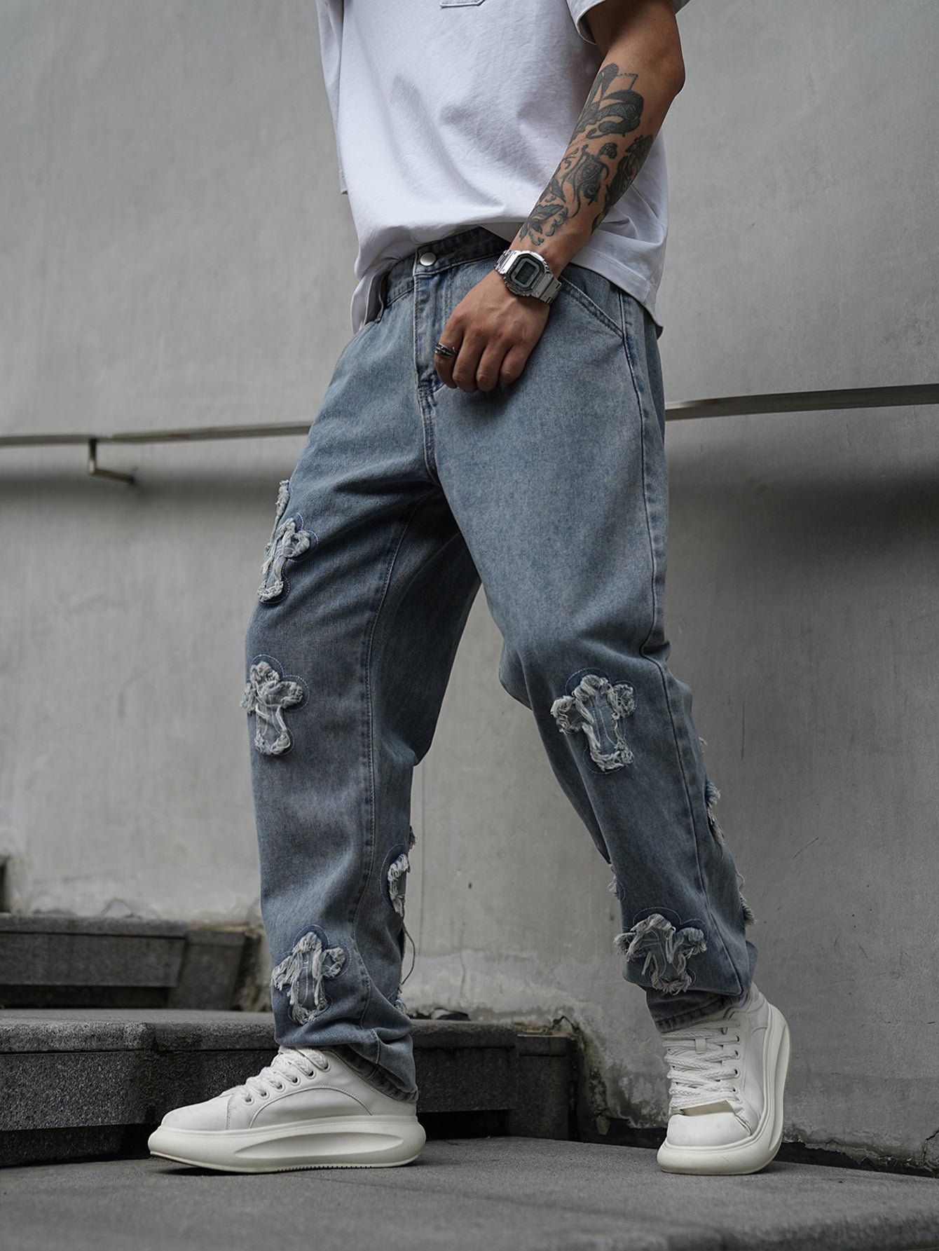 Crucifix Embroidered Jeans