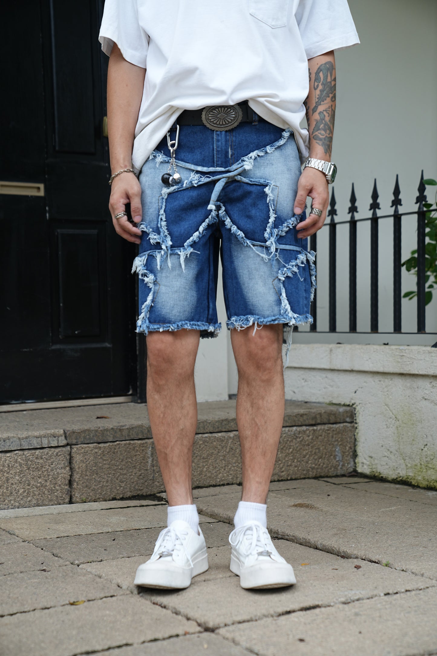 Ripped Patchwork Denim Shorts