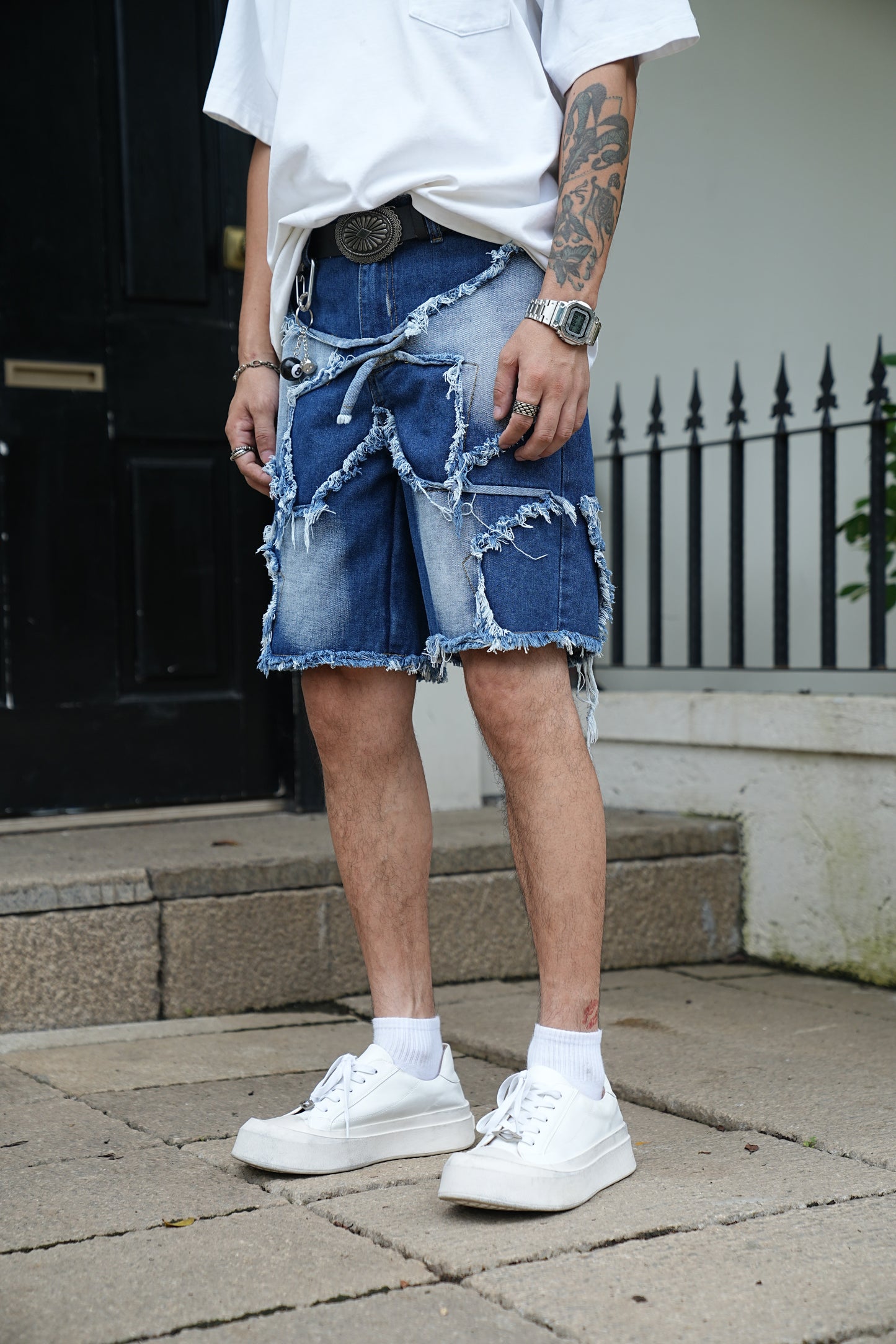 Ripped Patchwork Denim Shorts