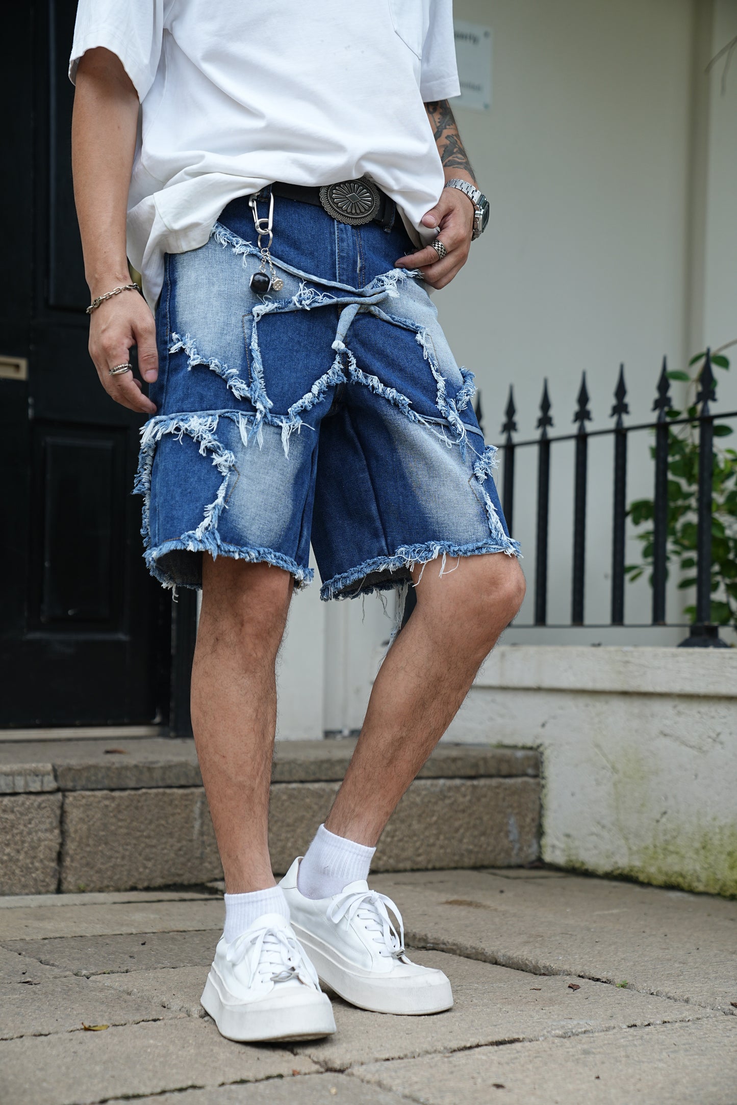 Ripped Patchwork Denim Shorts