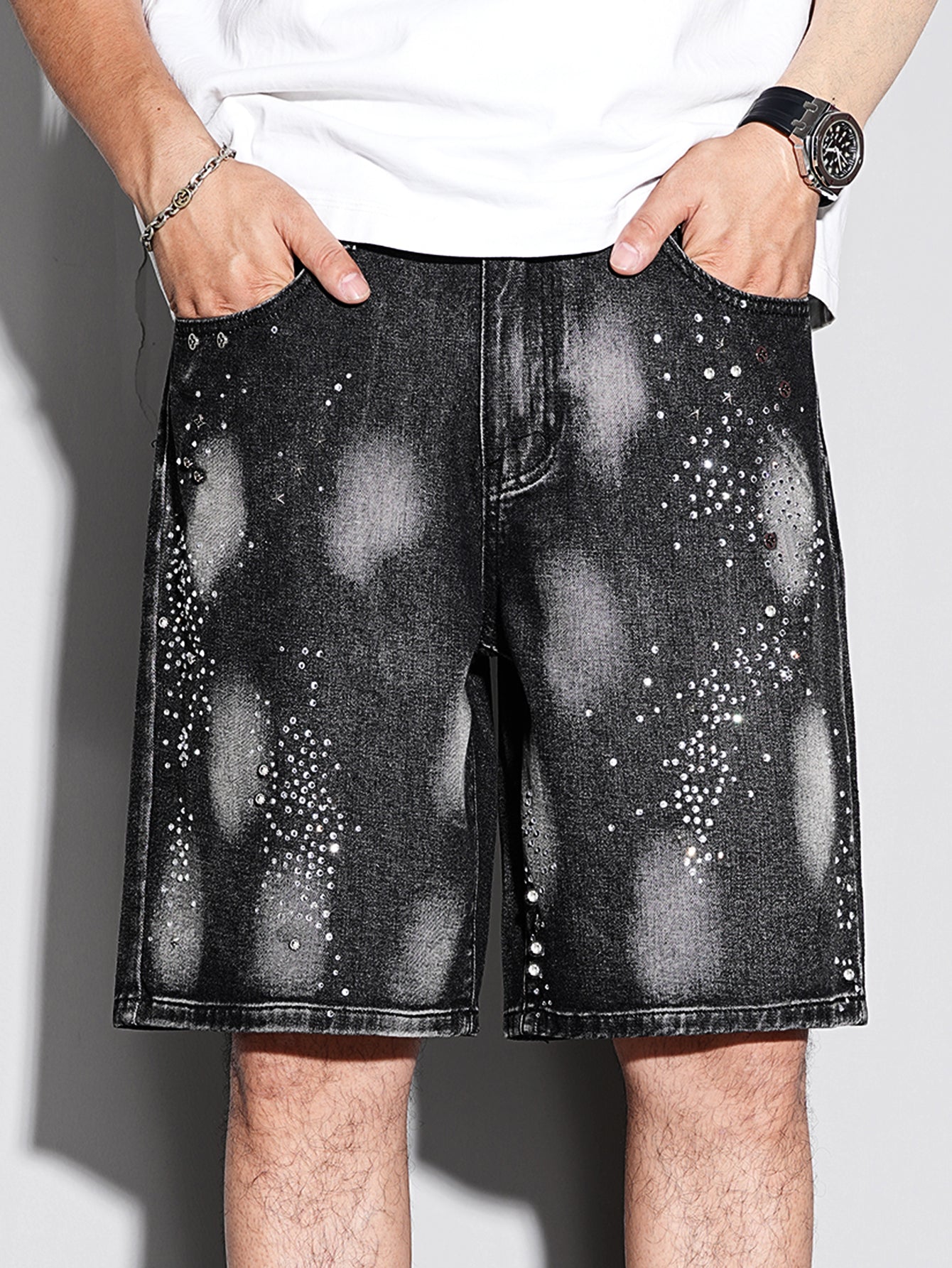 Rhinestone Black Denim Shorts
