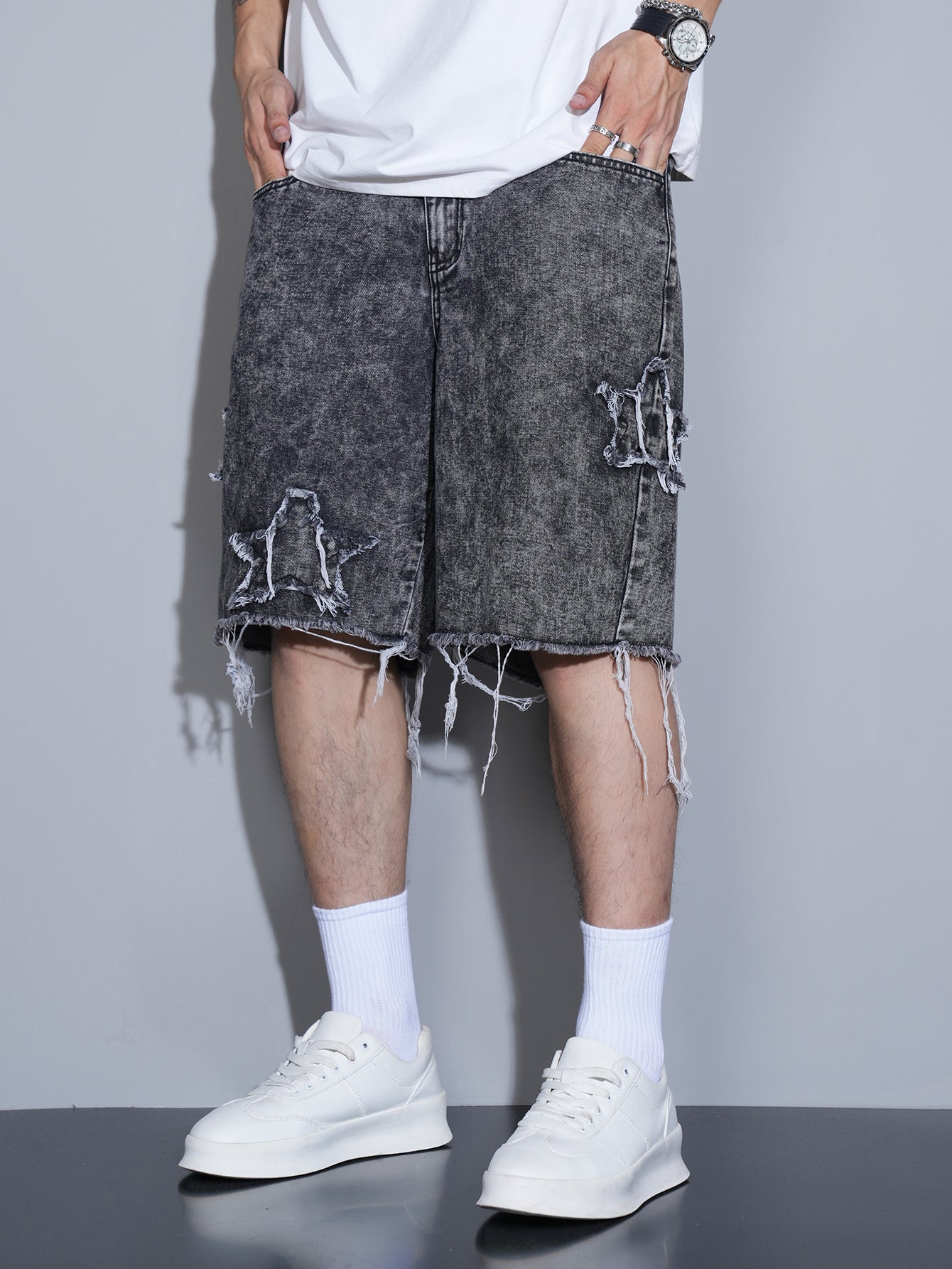Distressed Star Denim Shorts