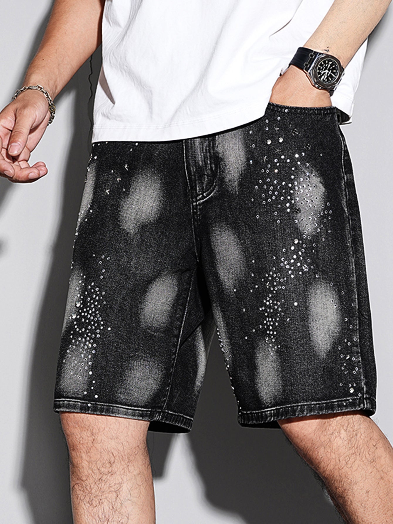 Rhinestone Black Denim Shorts