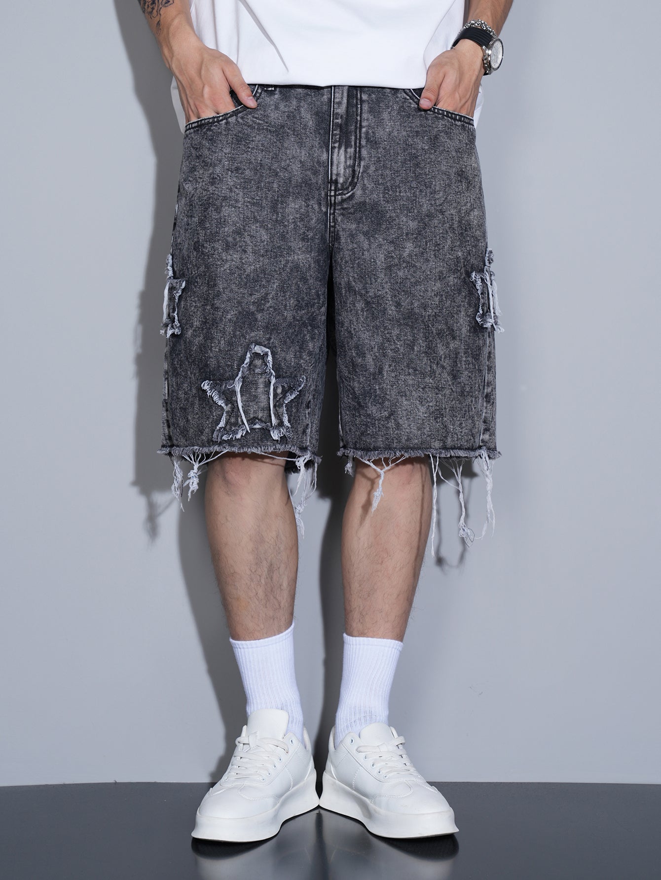 Distressed Star Denim Shorts