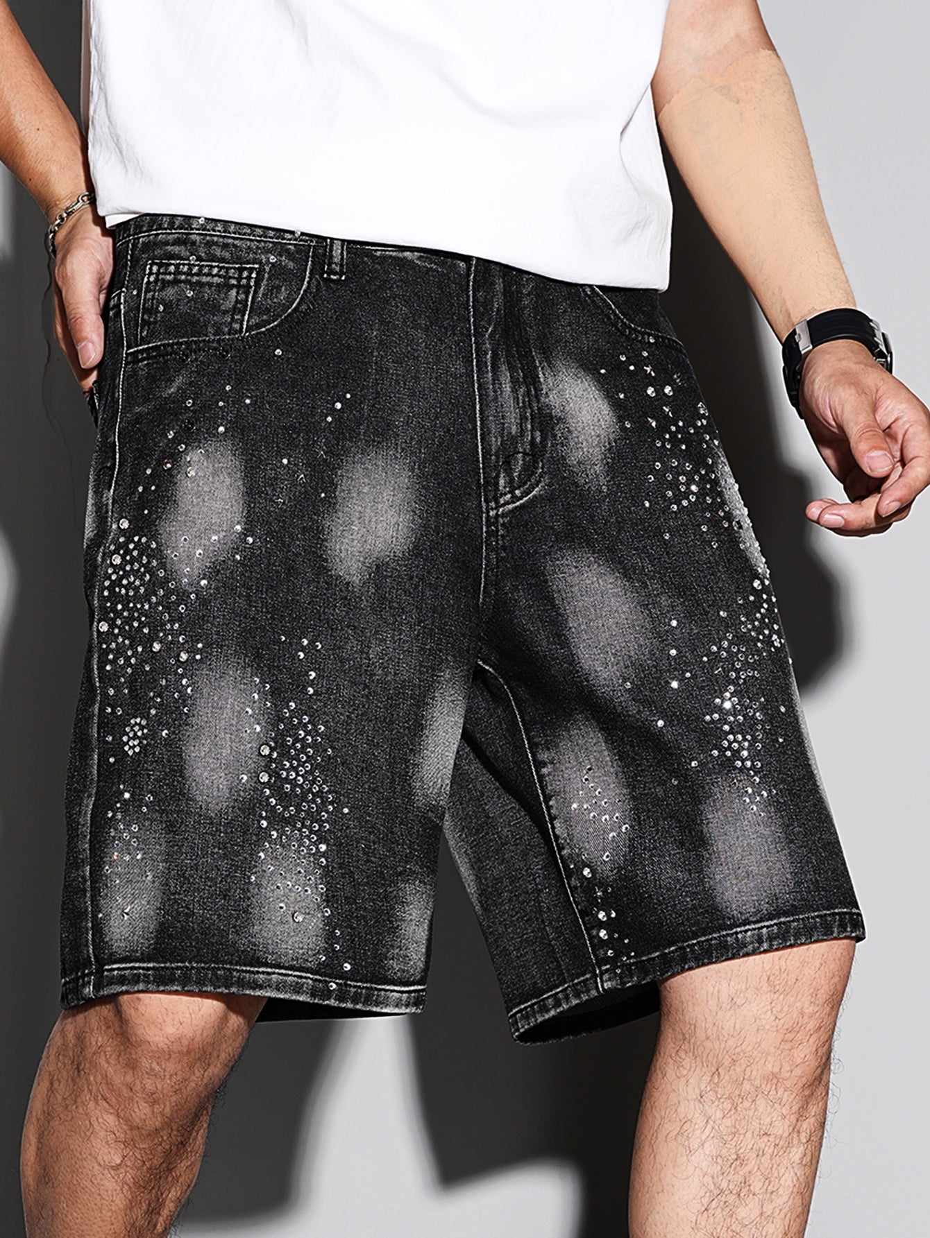 Rhinestone Black Denim Shorts