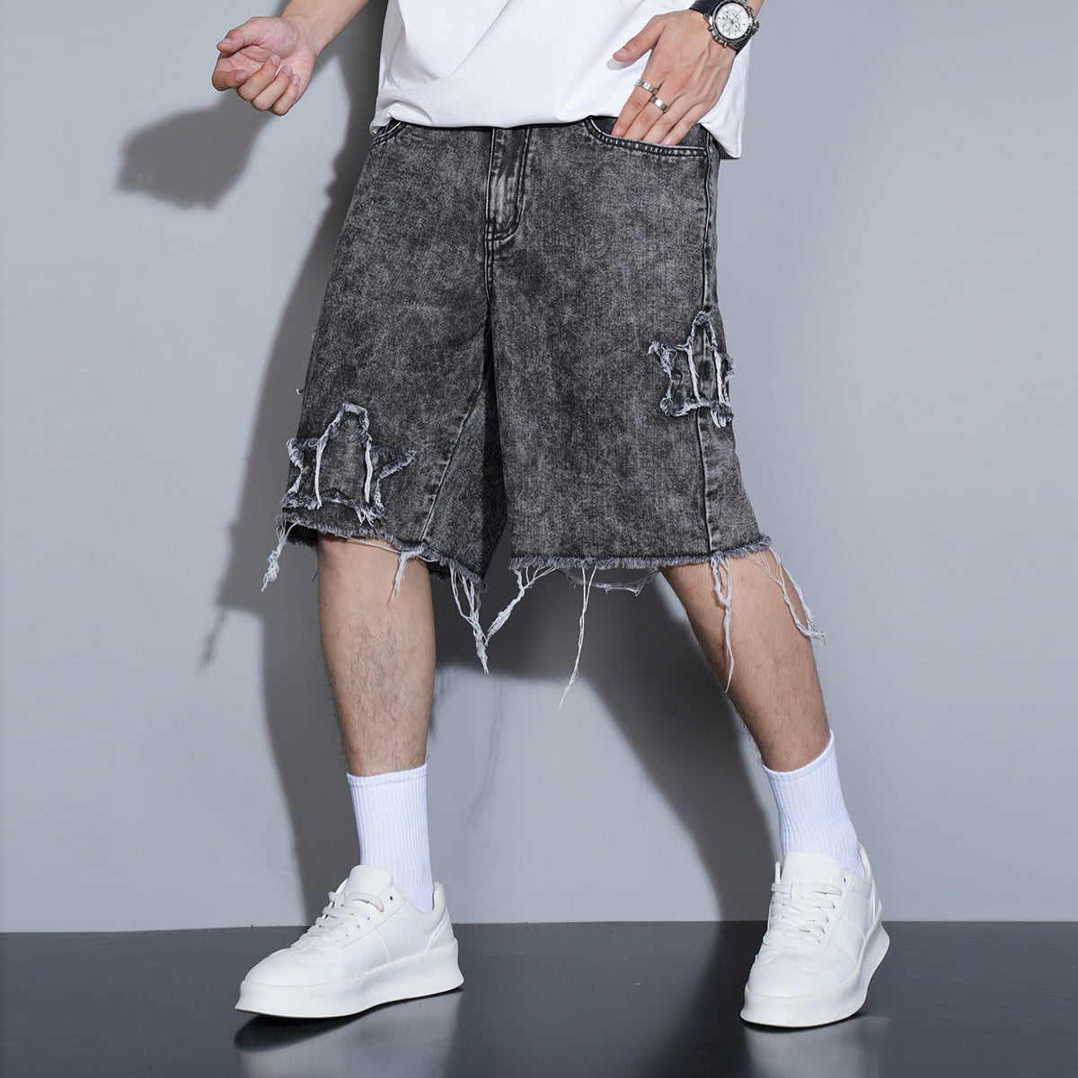 Distressed Star Denim Shorts